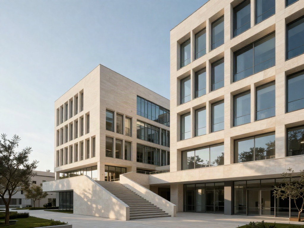 Sunlit contemporary office architecture with a staircase leading upward