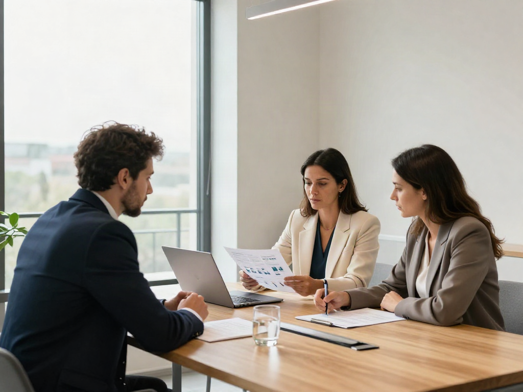 Three business professionals reviewing analytics and discussing strategic priorities
